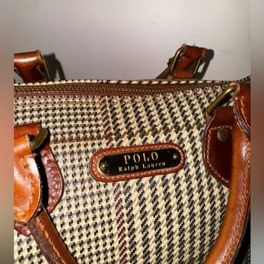 VINTAGE Y2K Polo Ralph Lauren Plaid Mini Boston Houndstooth Leather Handbag - Picture 2 of 8
